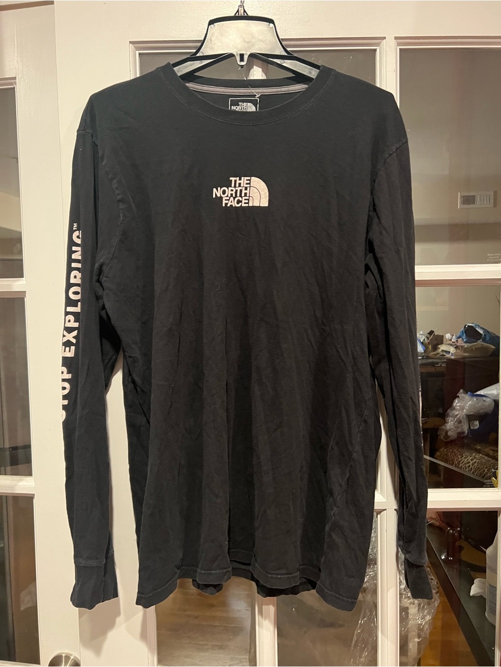 The North Face Black Long Sleeve Logo Tee with White Sleeve Script